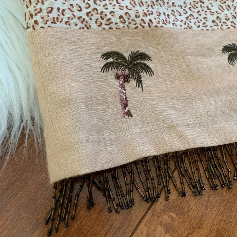 Silk Club Linen Leopard Pencil Skirt with Palm Tree Border and Beaded Hem